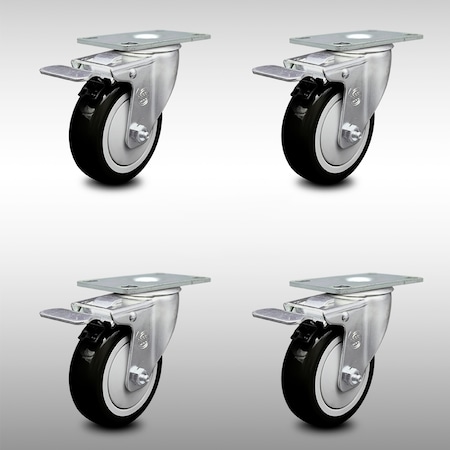 Service Caster 4 Inch SS Black Polyurethane Top Plate Caster Set Total Lock Brake SCC SCC-SSTTL20S414-PPUB-BLK-4